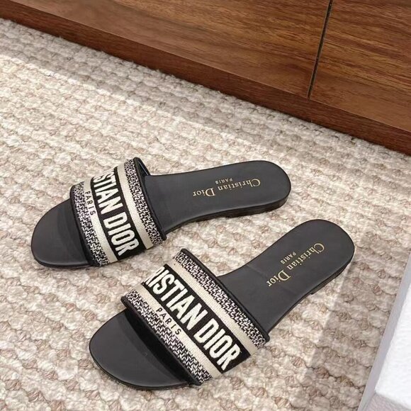 DIOR Dway Slide Sandals in Deep Black Embroidered Cotton - Picture 1 of 9